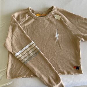 Aviator Nation Tan Crewneck Sweatshirt with Metallic Stripe Sleeve